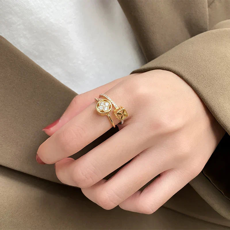 Double Layer Flower Shape Gold Color Open Ring